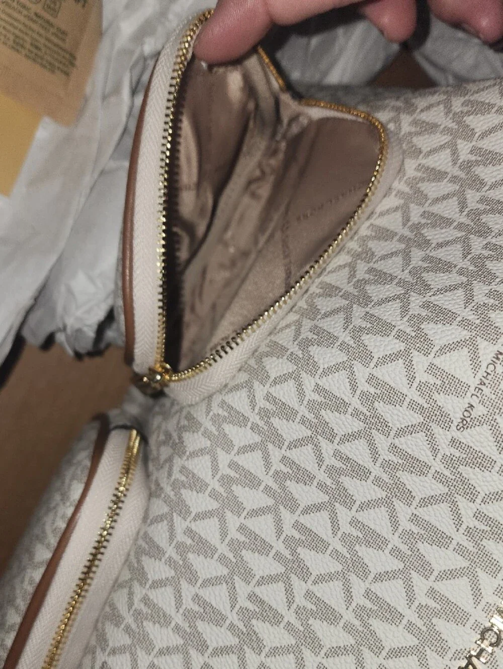 Michael Kors Cream MK Logo Shoulder Bag with Tan Trim